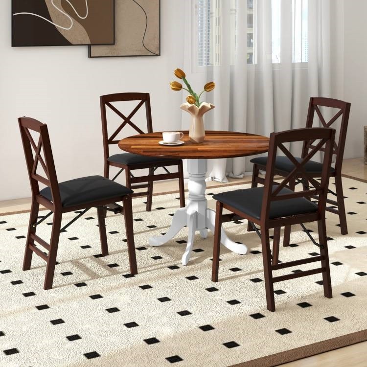Solid Wood Round Kitchen Dining Table White Legs Brown Top 39in