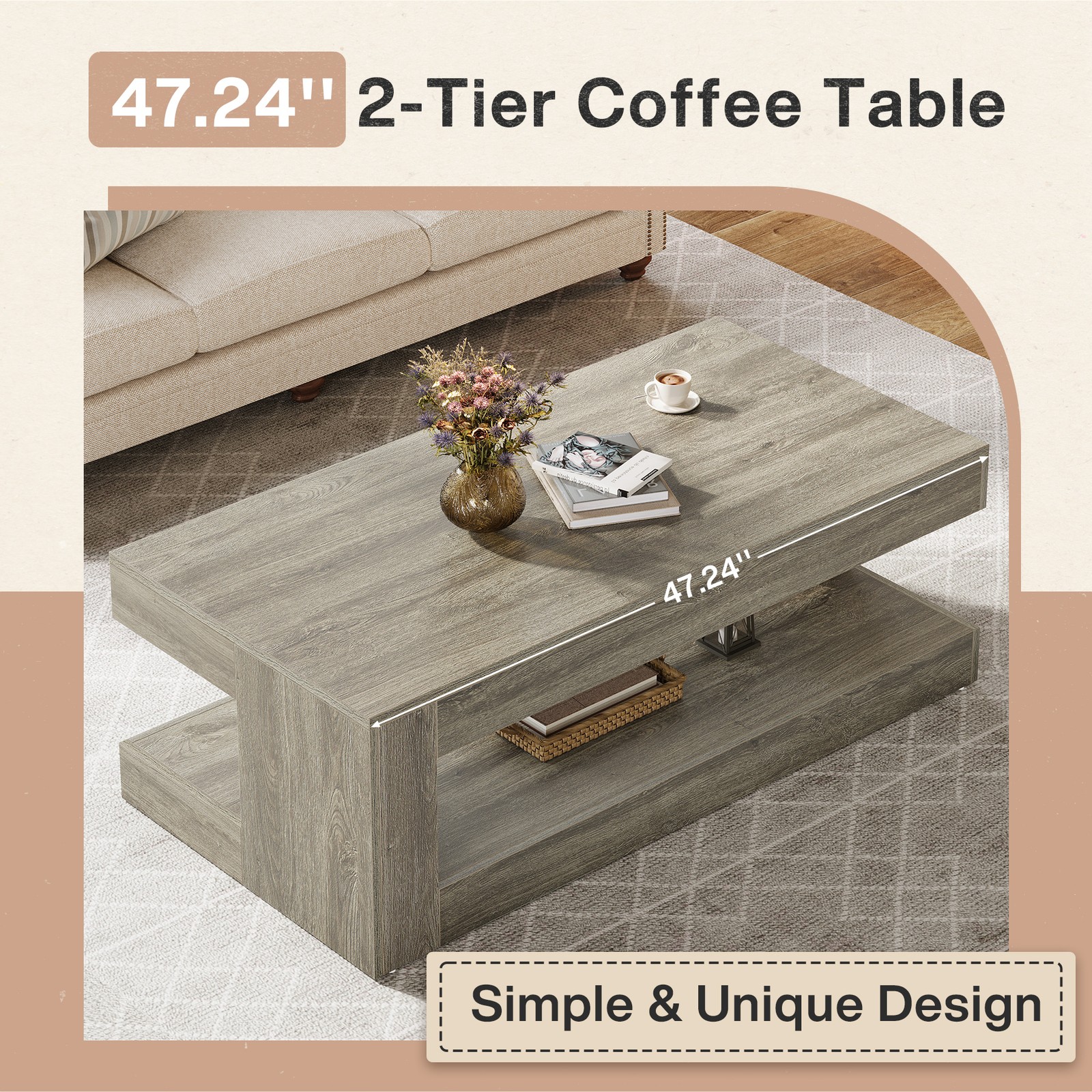 Tribesigns 47″ Rectangle Coffee Table for Living Room, Center Table with Storage