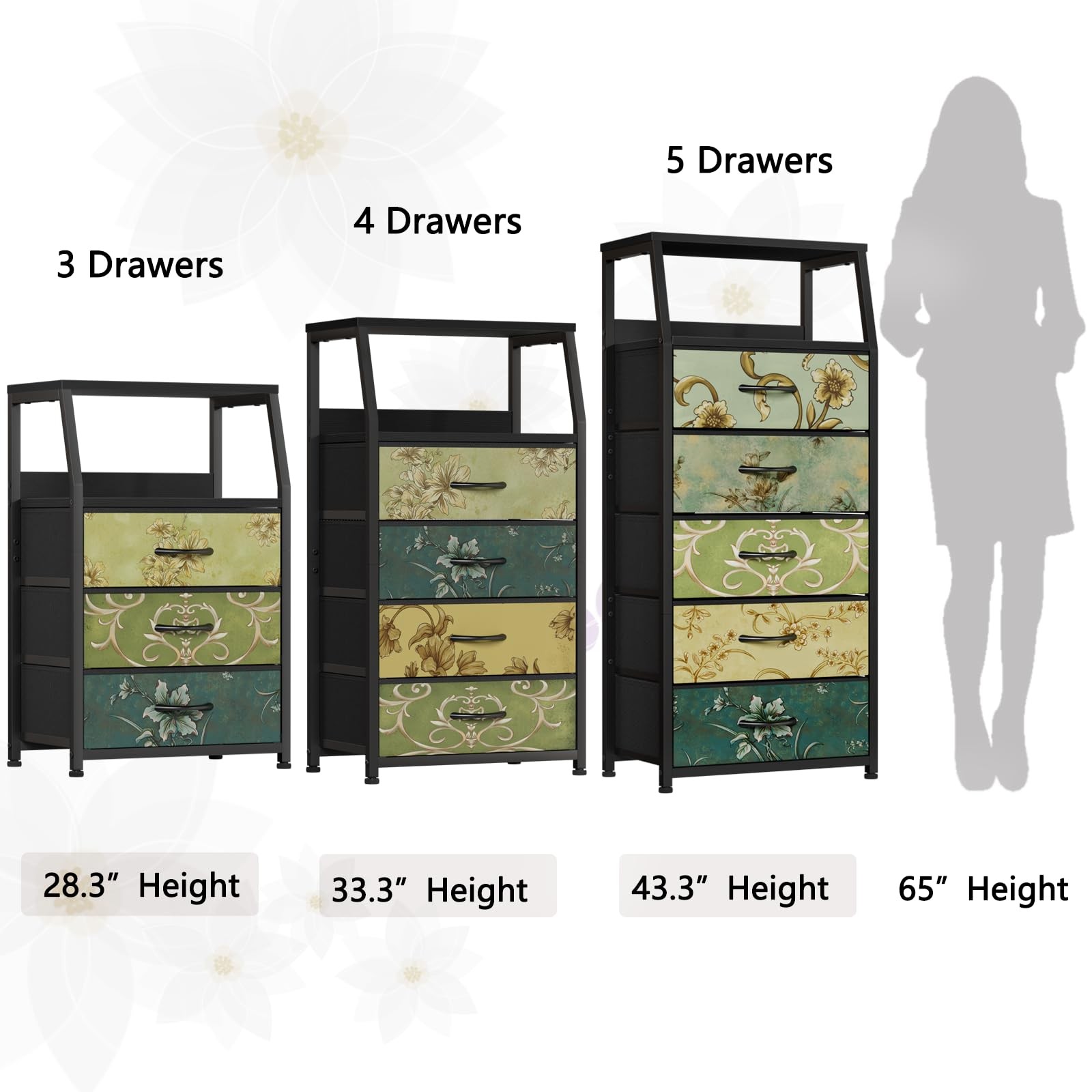 Furnulem Retro Night 11.5″D x 16.1″W x 28.3″H (3 Drawers), Vintage Floral