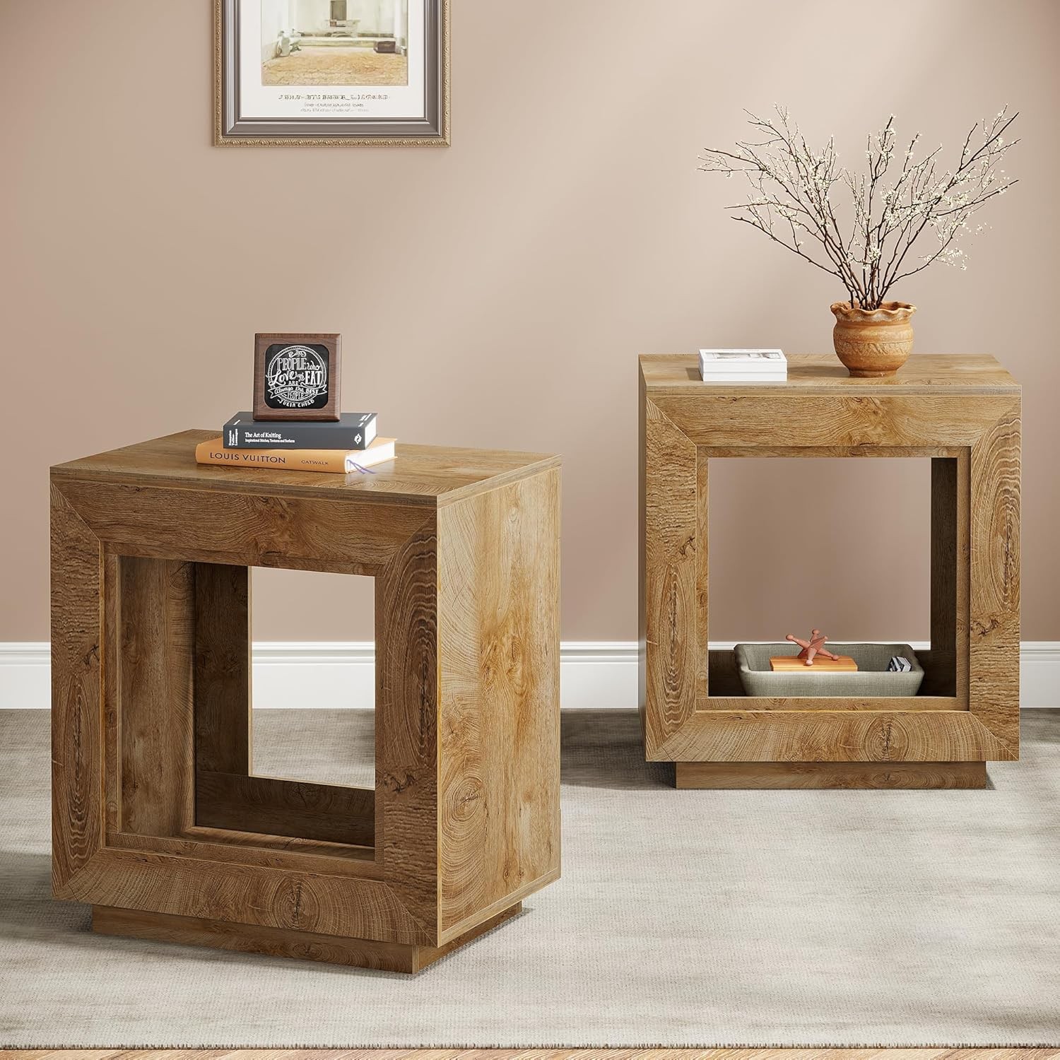 Rustic Wood End Table, 2-Tier Square Side Table with Storage for Living Room