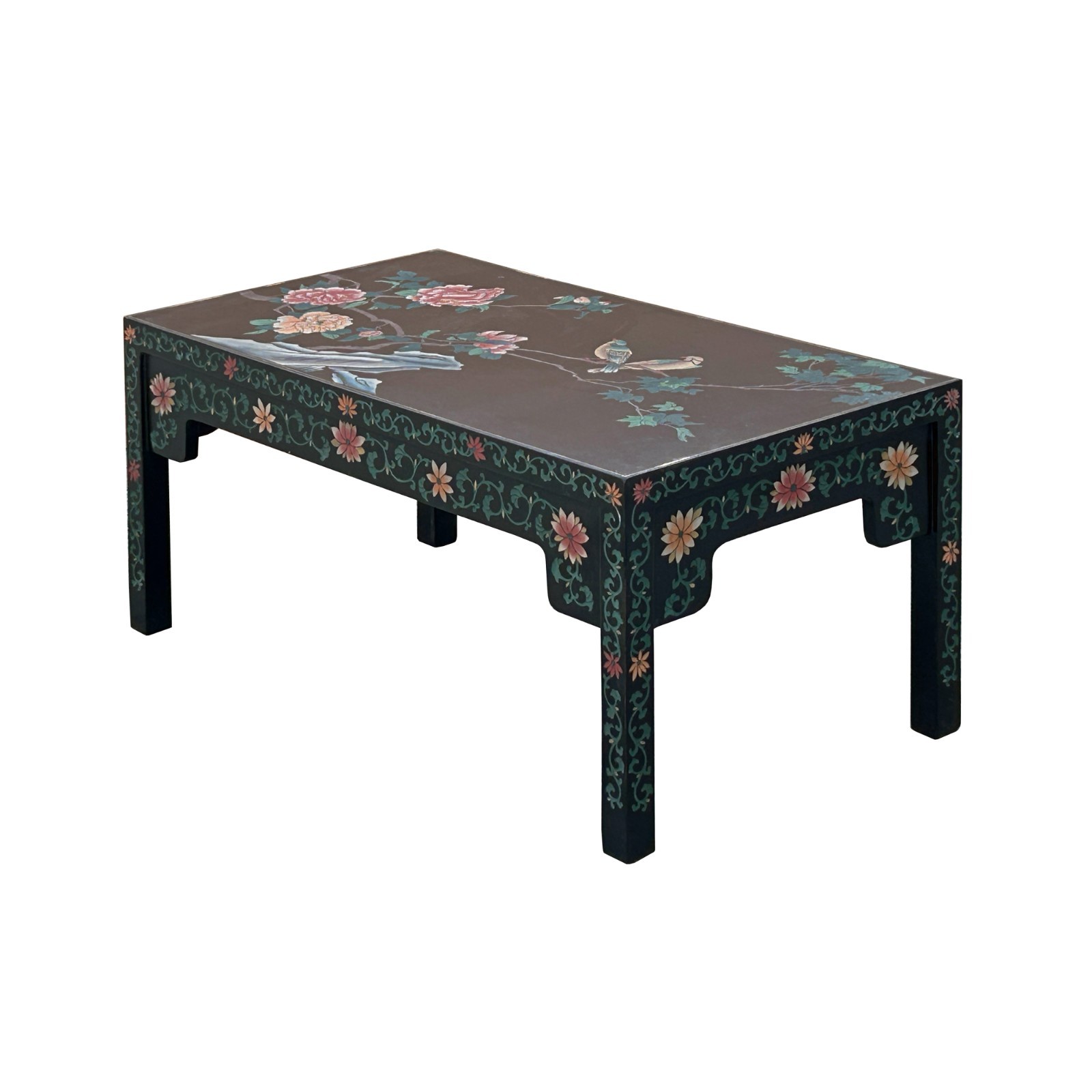 Chinese Black Lacquer Flower Birds Graphic Rectangular Low Coffee Table GB144