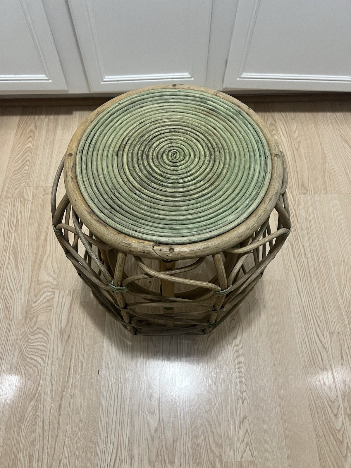 Vintage Rattan Bamboo Side Table Plant Stand Coiled Top Accent Boho Chic MCM