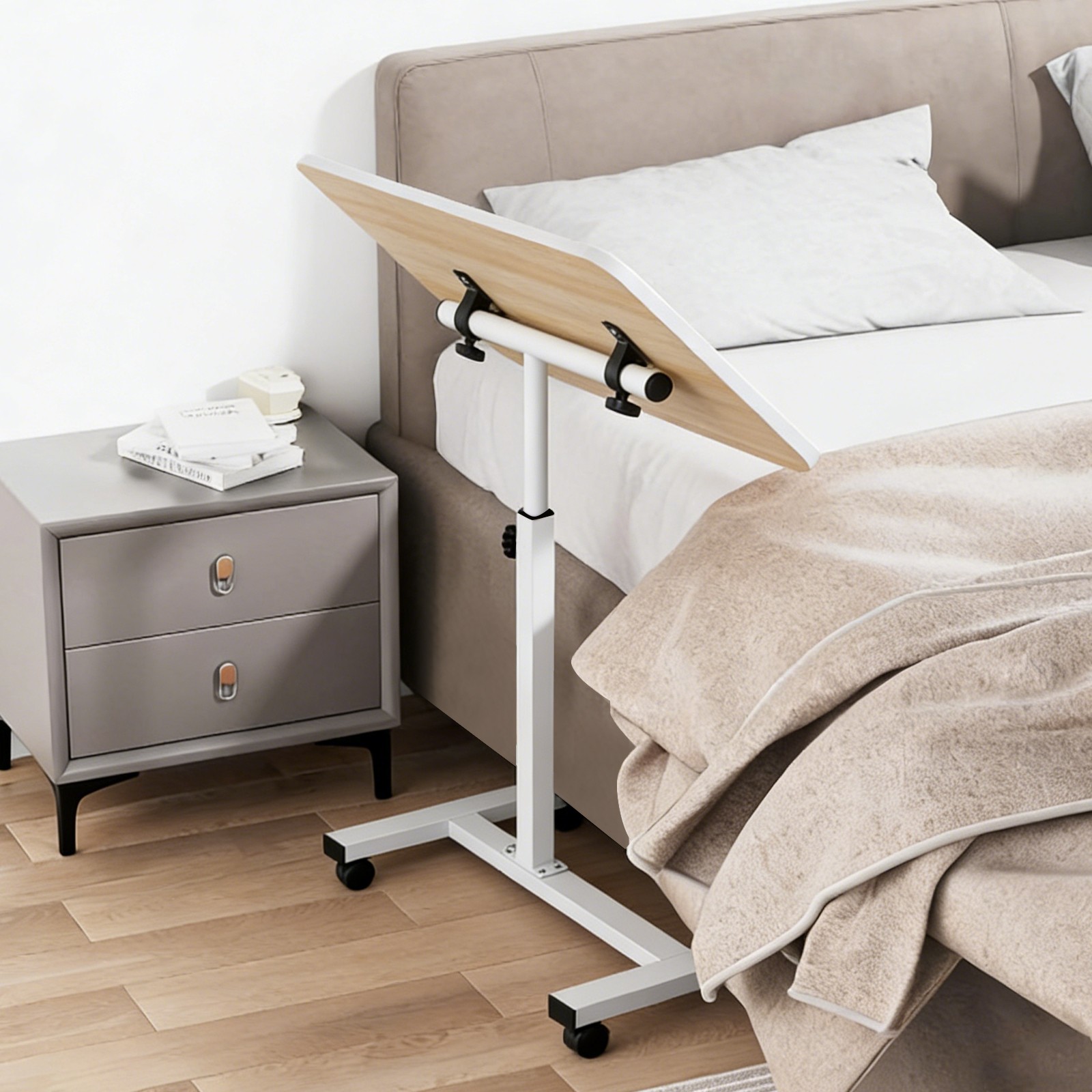 Rolling End Table Overbed Bedside Table Sofa Table Laptop Tabe Height Adjustment