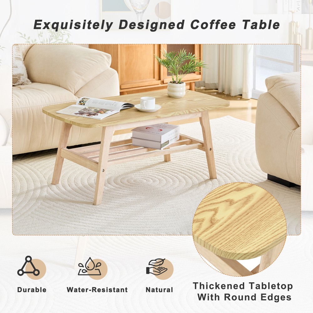 39 in solid wood coffee table – double-layer storage wooden center coffee table