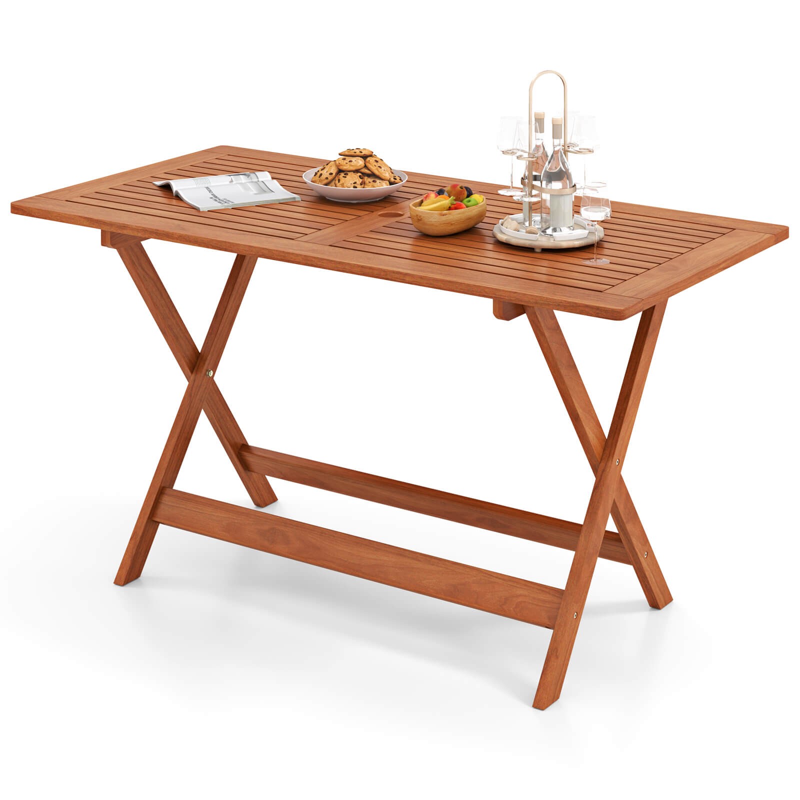 54.5″ x 27.5″ Patio Dining Table w/ Teak Painting 2″ Umbrella Hole for Balcony
