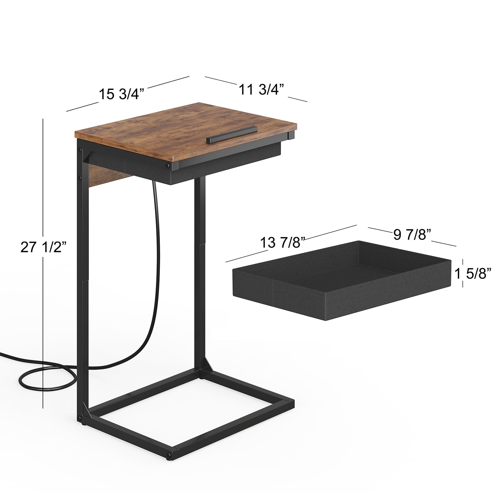 C Shaped End Table with Charging Station, 45° Tiltable Adjustable Flip Top Ta…