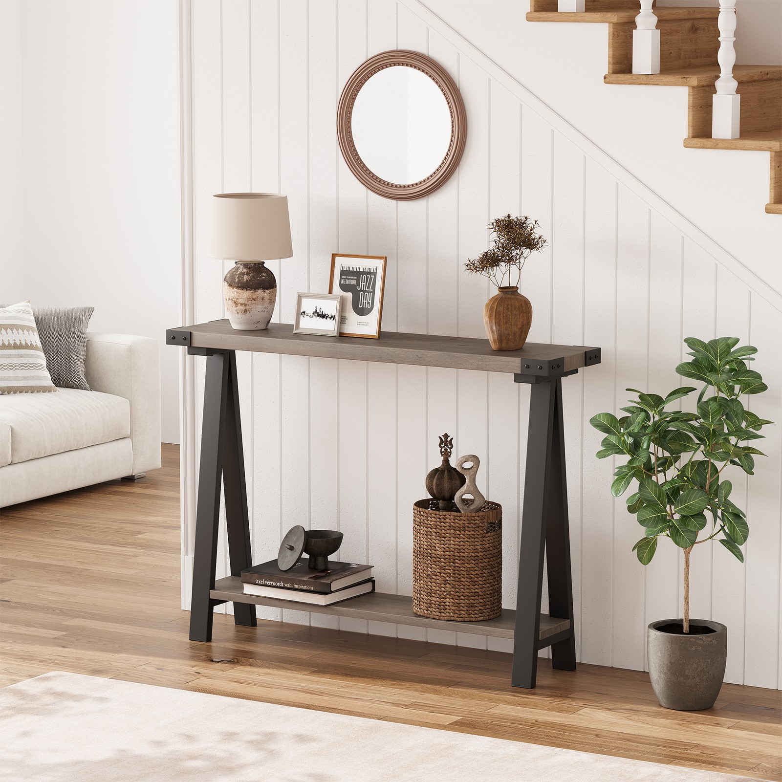 43.3-Inch Farmhouse Console Table, 2-Tier Wooden Entryway Table with Storage