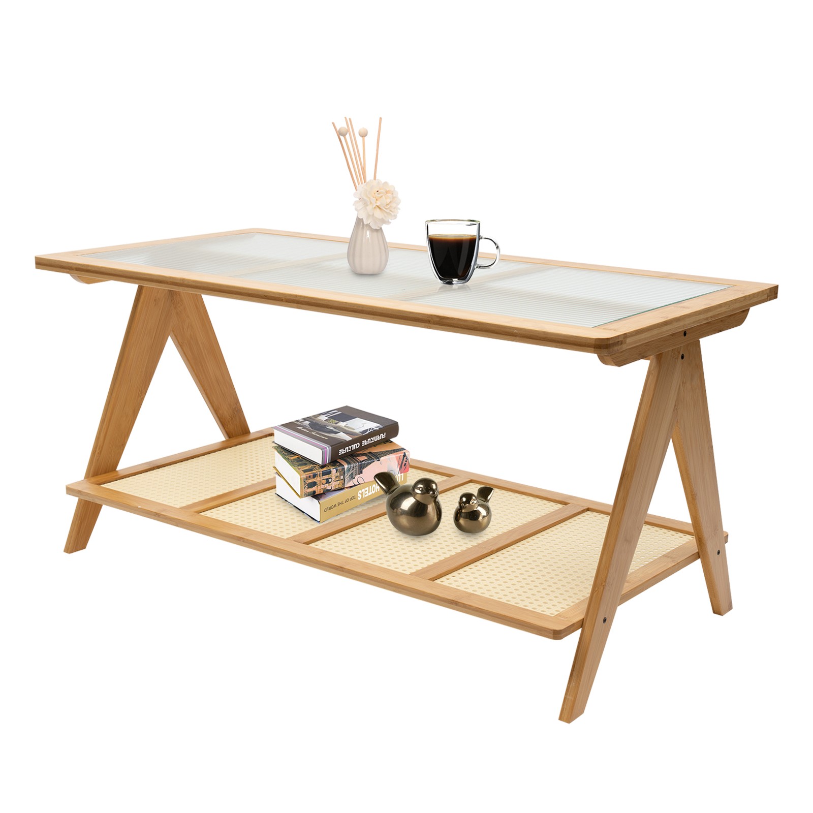 Living Room Coffee Table Glass Tabletop Modern Side Table with Lower Shelf Home