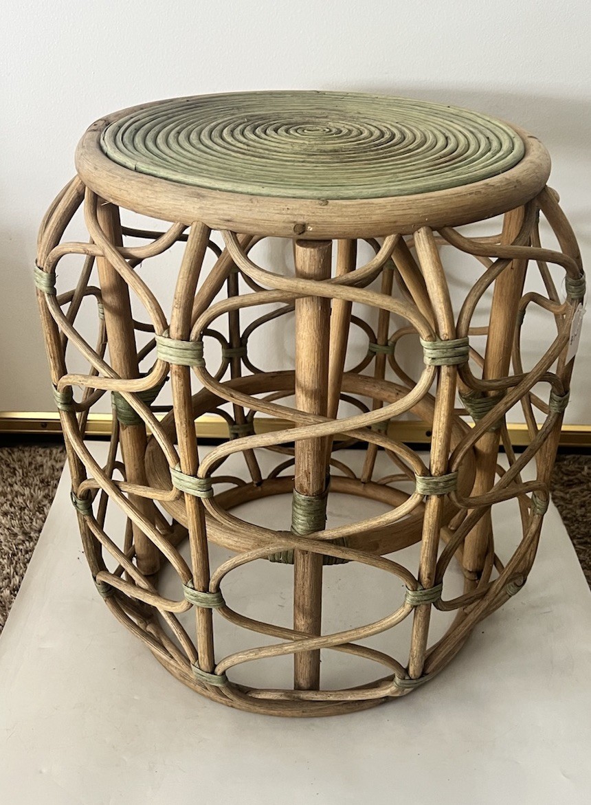 Vintage Rattan Bamboo Side Table Plant Stand Coiled Top Accent Boho Chic MCM