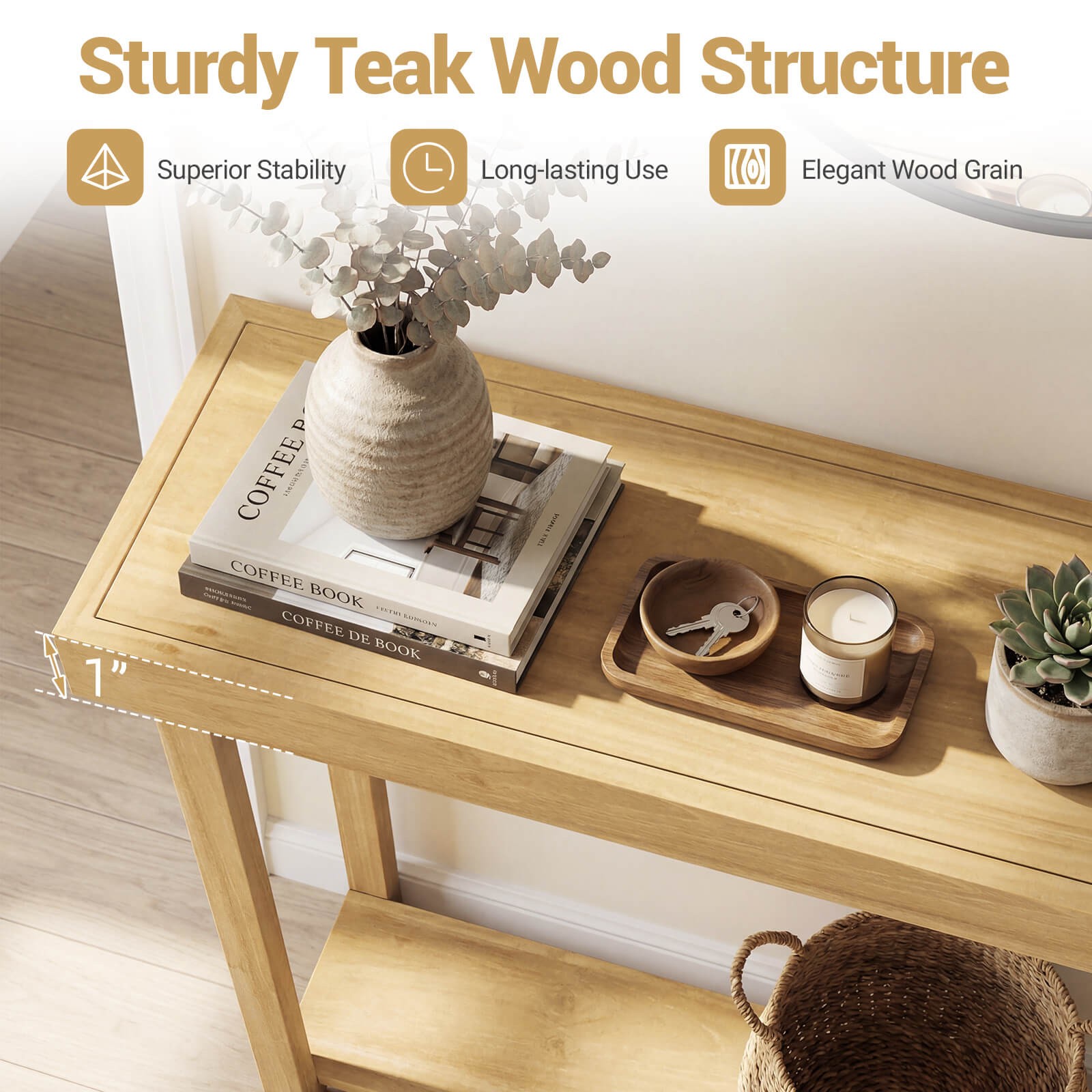 46”Solid Wood Console Table,2-Tier Narrow Farmhouse Sofa Table w/Teak Wood Frame