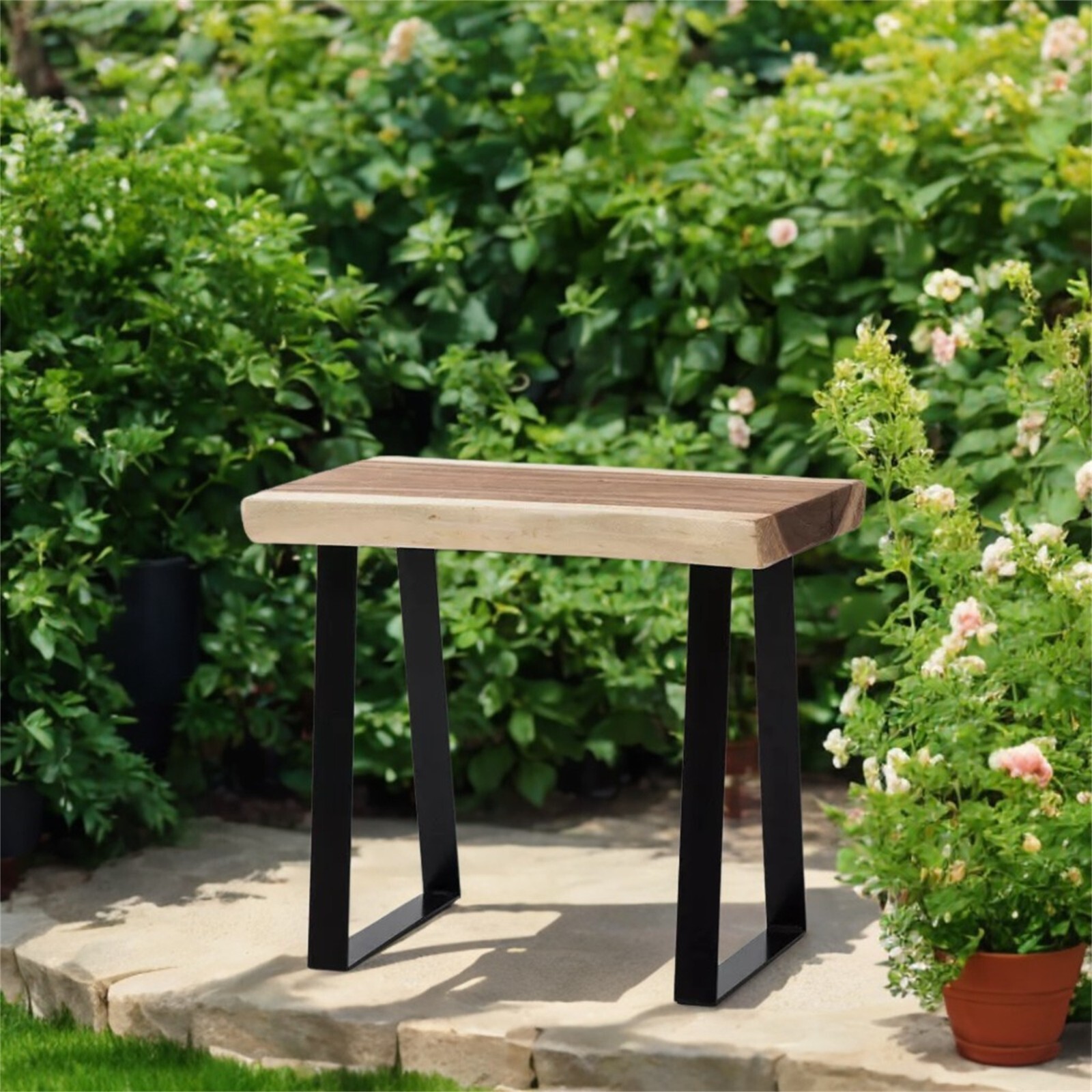 Natural Solid Wood Rectangle Bench Coffee Side Table with Metal Legs Rustic
