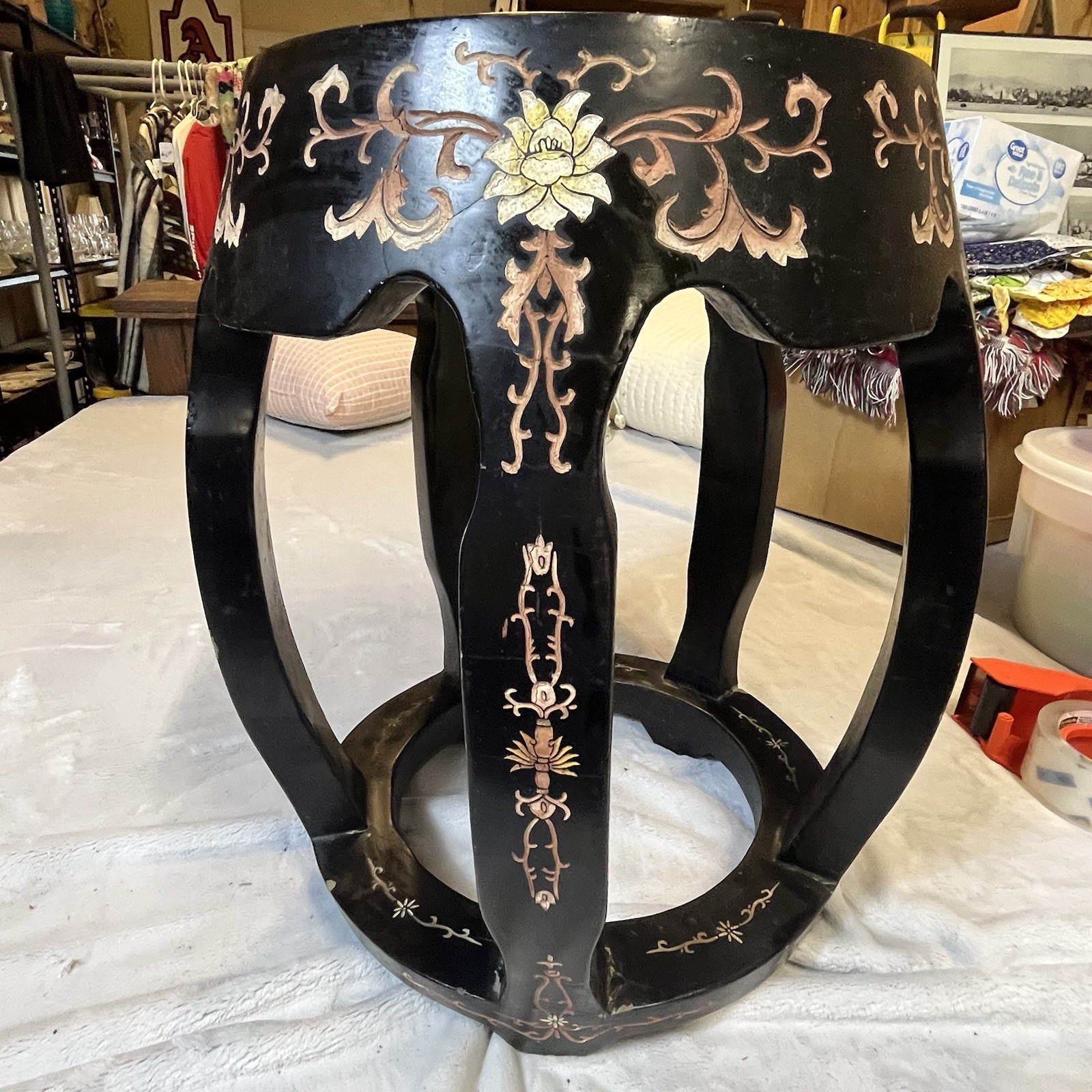 Vintage Chinese Lacquer Wood Side Table Stool Hand Carved Painted Hong Kong 18”