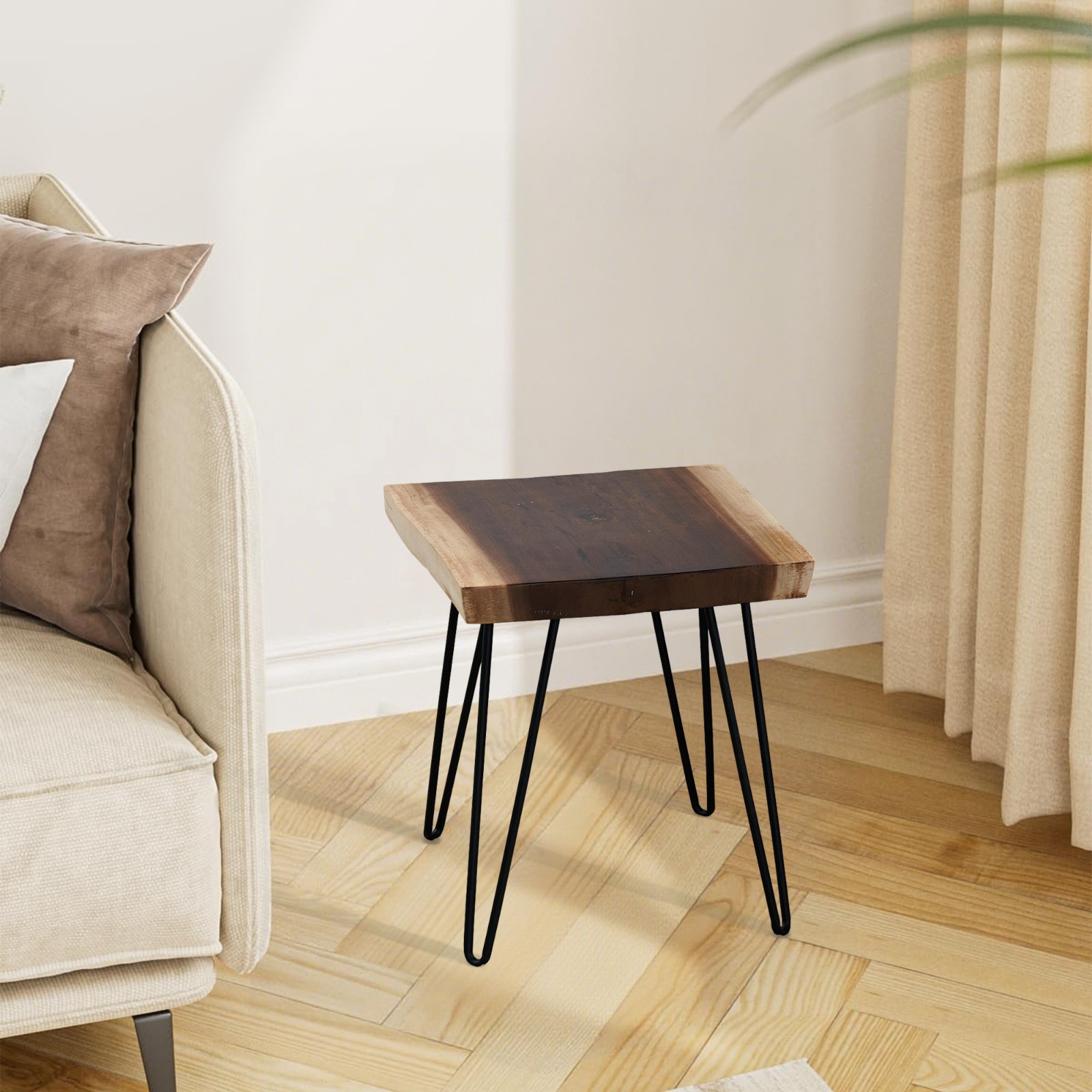 Natural Teak Wood Square End Side Table with Hairpin Legs 20.9″ H Home Decor