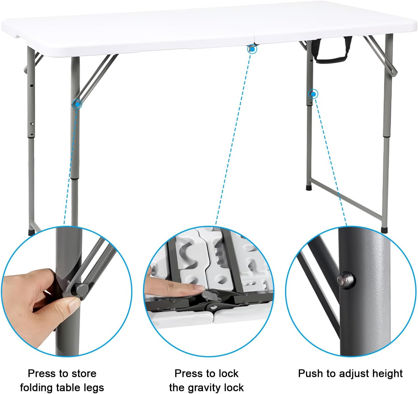 4FT Adjustable Heavy Duty Folding Table – Portable White Table for Camping & Par