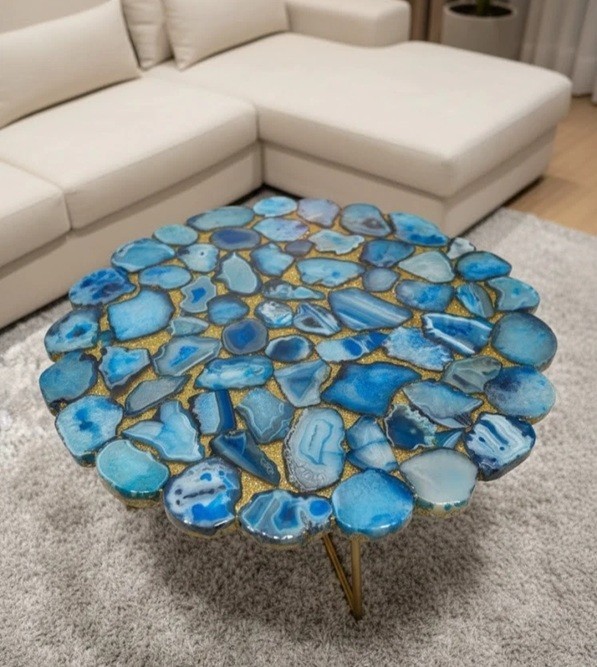 24″ Handmade Blue Agate Coffee Table Top, Natural Gemstone Slice, Geode Decor