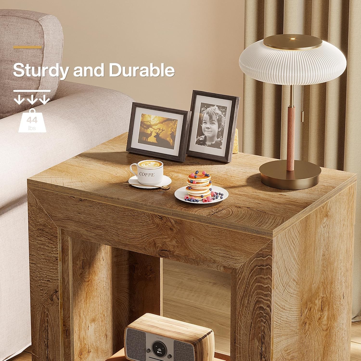 Rustic Wood End Table, 2-Tier Square Side Table with Storage for Living Room