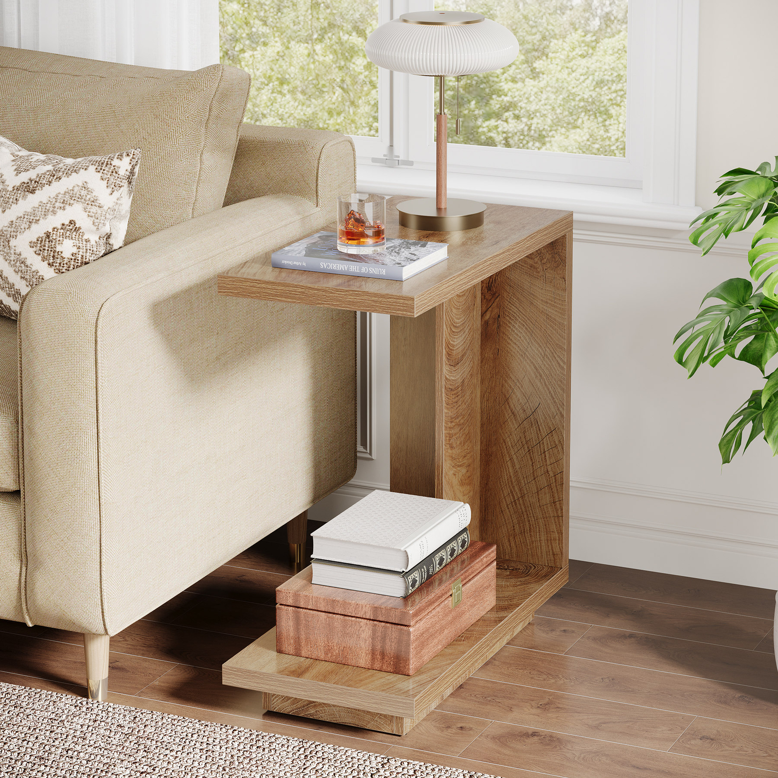 Tribesigns C-Shaped Side Table, 2-Tier Narrow End Table Wood Bedside Table