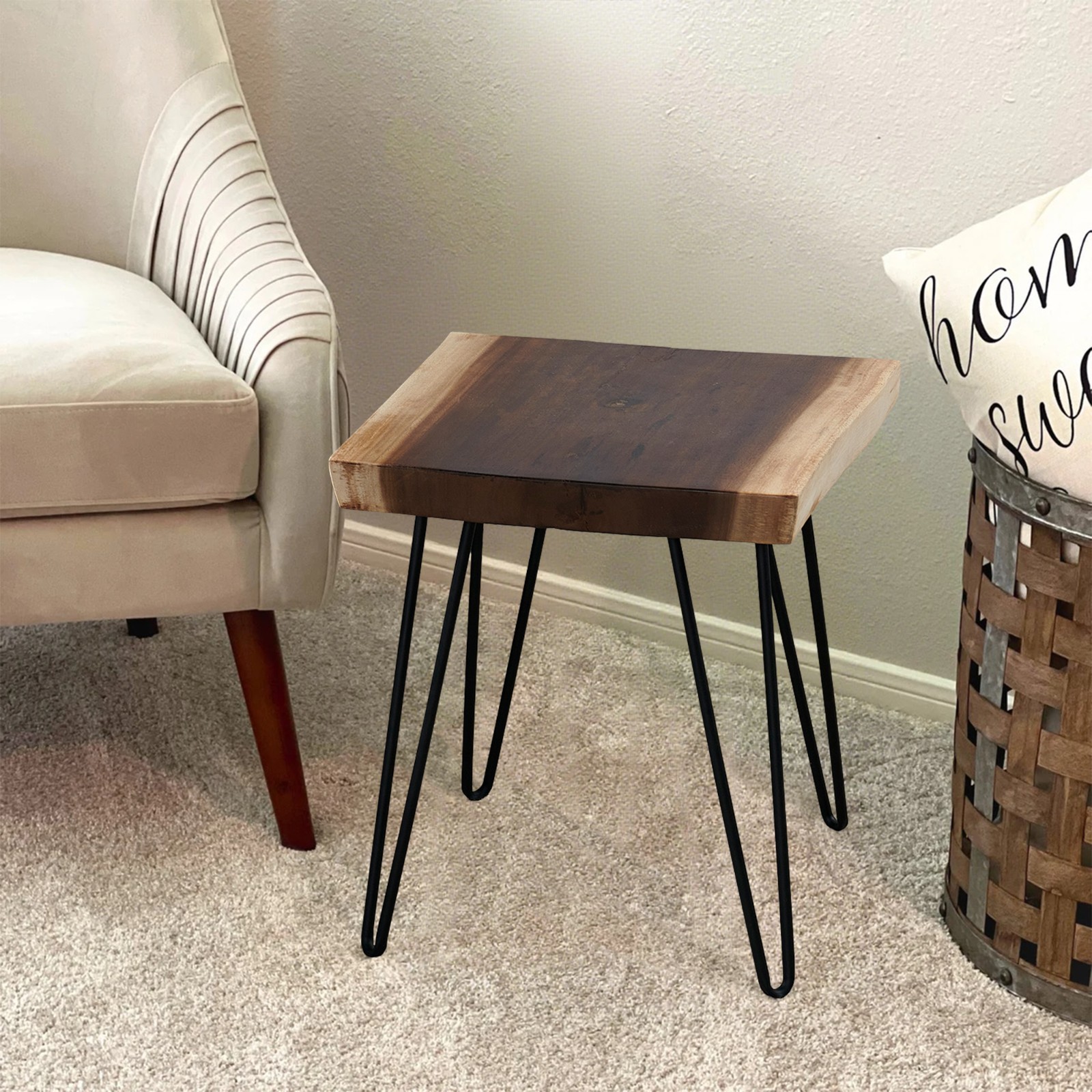 Natural Teak Wood Square End Side Table with Hairpin Legs 20.9″ H Home Decor