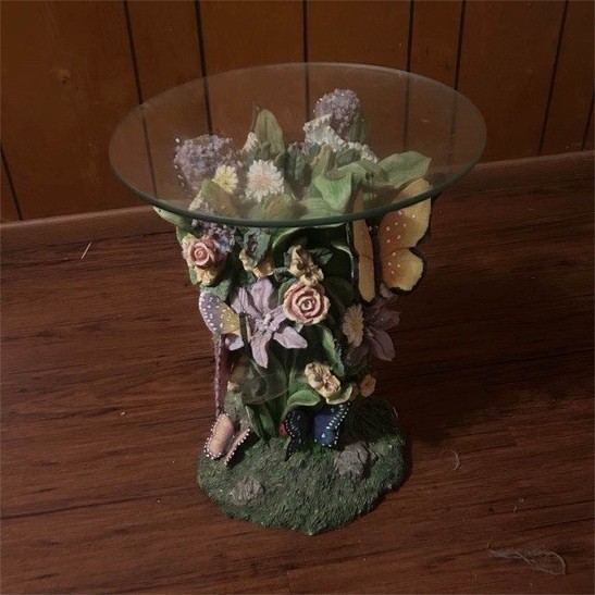 Floral Nature Round Glass Top Multicolor Side Table with Decorative Base