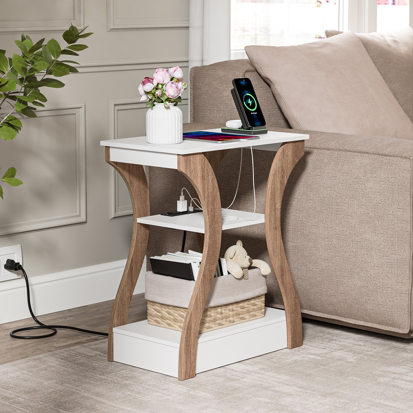 3 Tier End Table w/ USB Charging Station White Storage Shelf for Living Room 2X