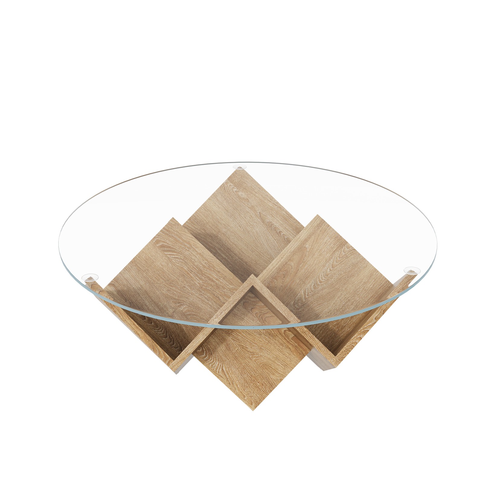 Modern Round Coffee Table with Tempered Glass Top and Geometric Art Deco Storage