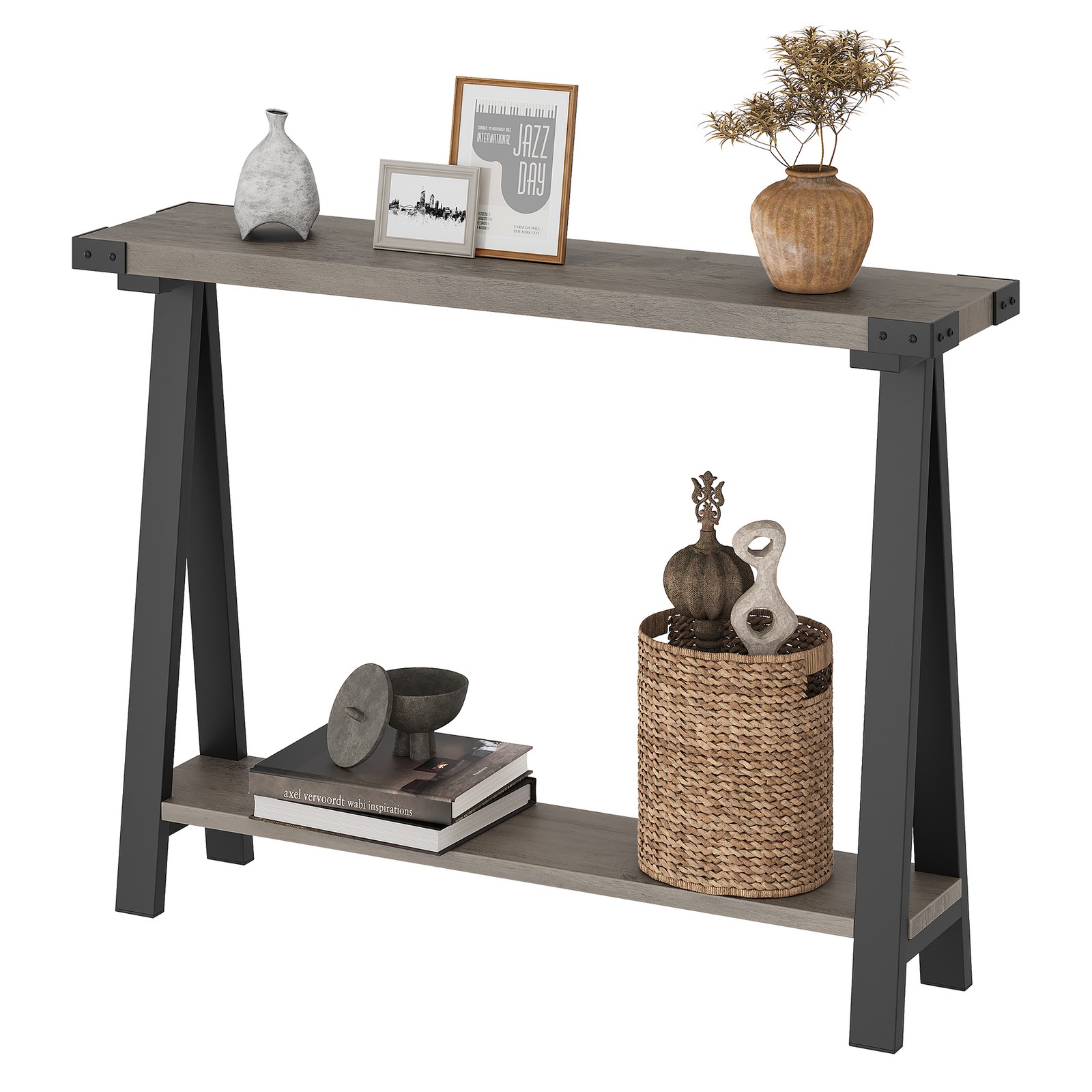43.3-Inch Farmhouse Console Table, 2-Tier Wooden Entryway Table with Storage