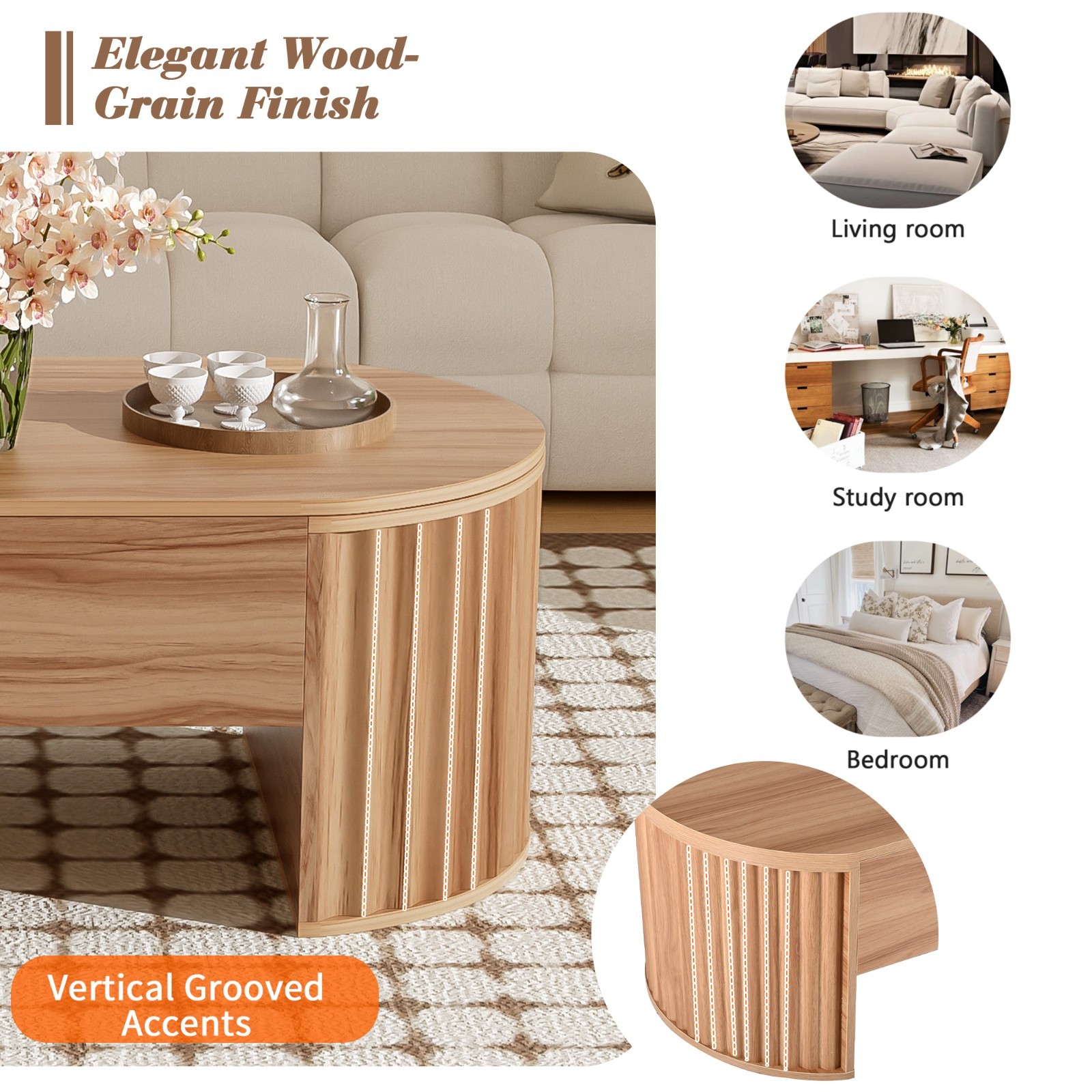 Modern Oval Lift-Top Coffee Table Center Table w/ Hidden Storage For Living Room