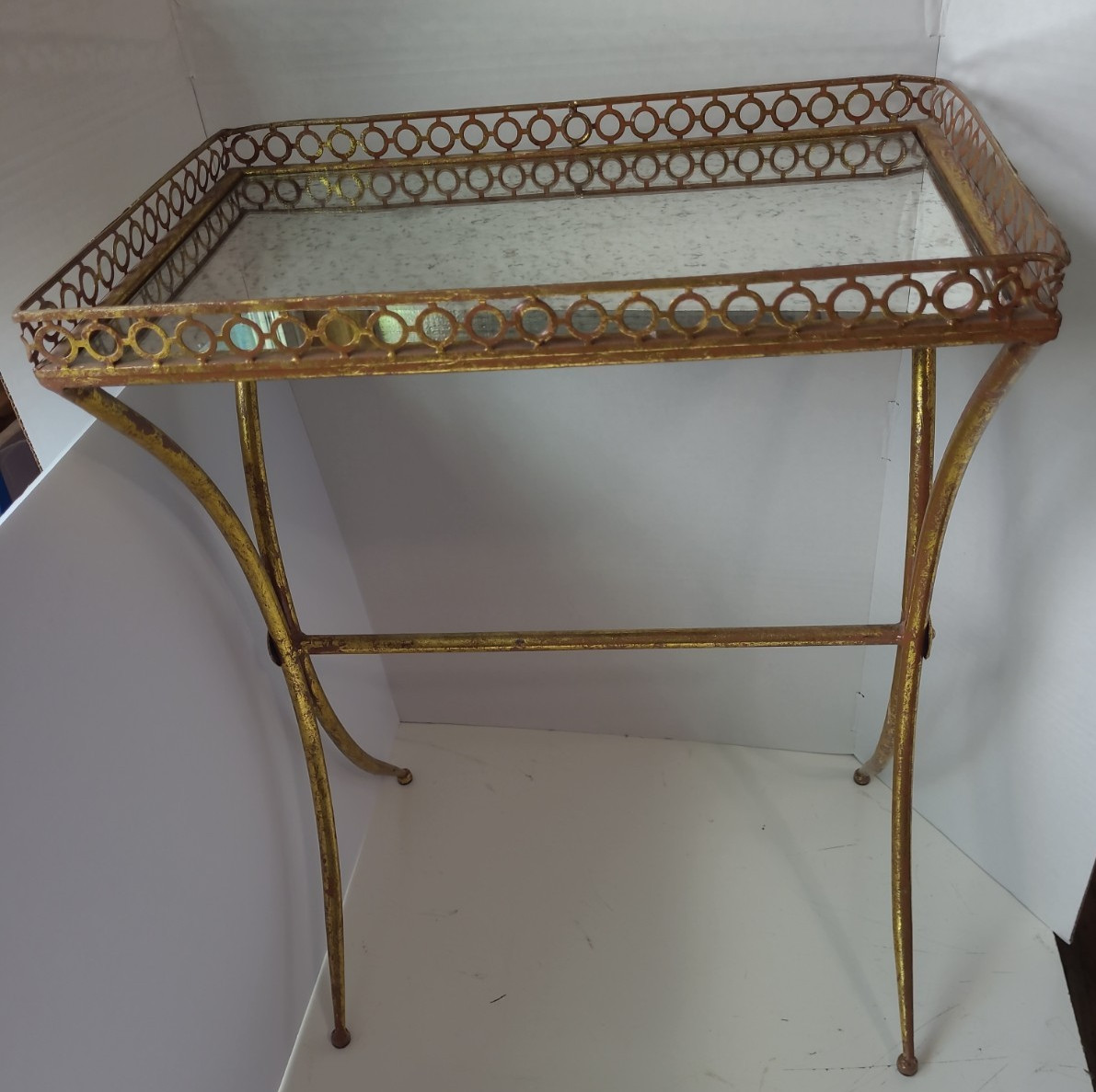 VTG MCM Side Table Gold Metal Wire Base Hollywood Regency Smoked Glass Repair