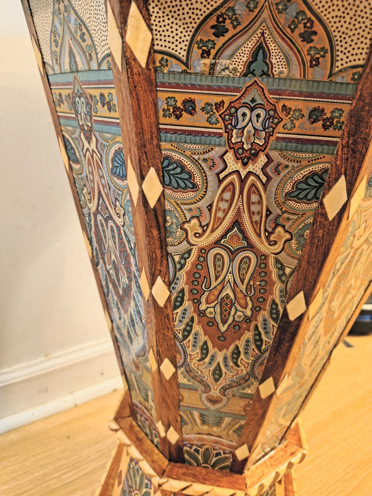 Unique Moroccan Wood Side Table – Hand-Carved Artisan Geometric Design 23″x17″