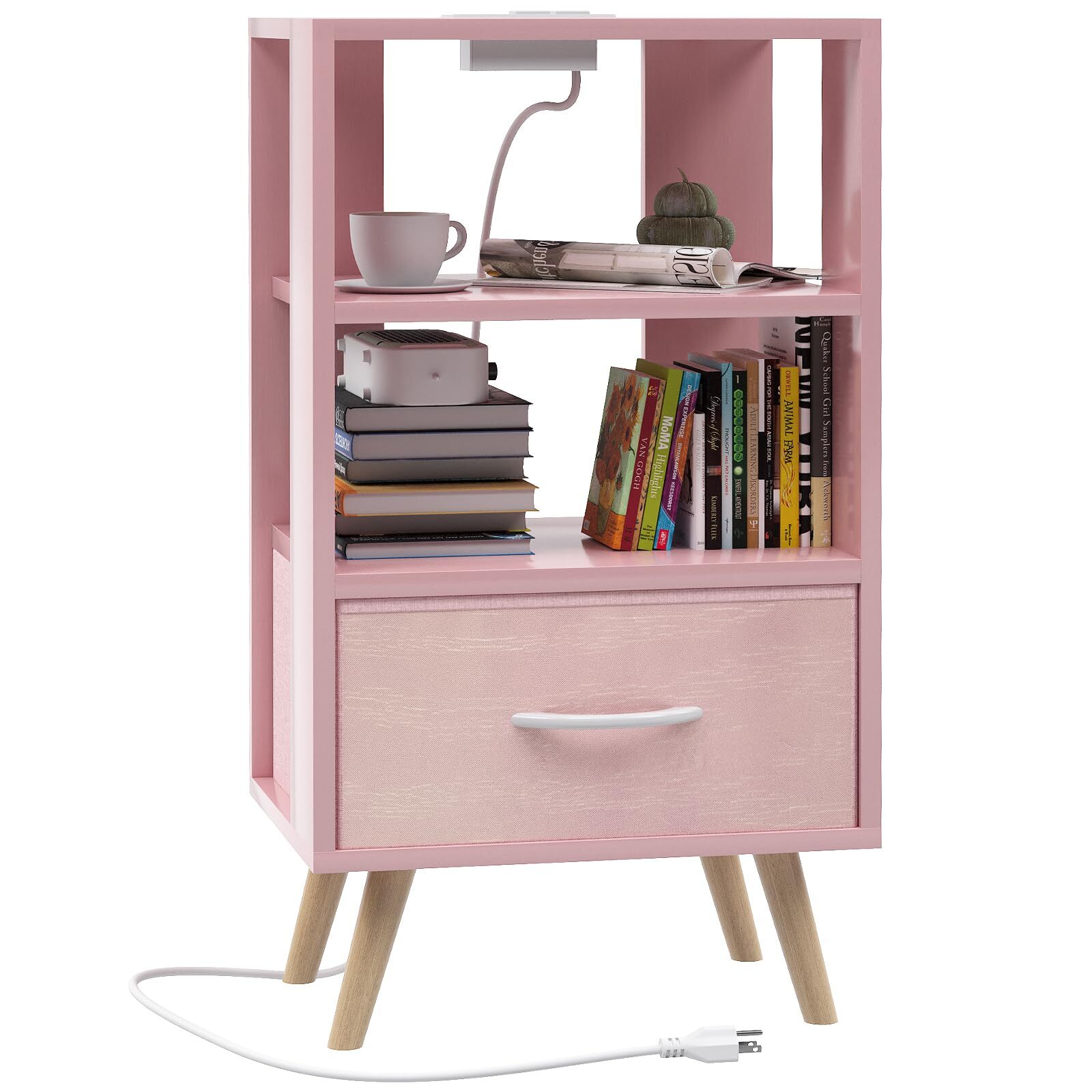 NIGHT STAND WITH CHARGING STATION PINK KIDS NIGHTSTAND WITH DRAWER 3TIER NURSERY