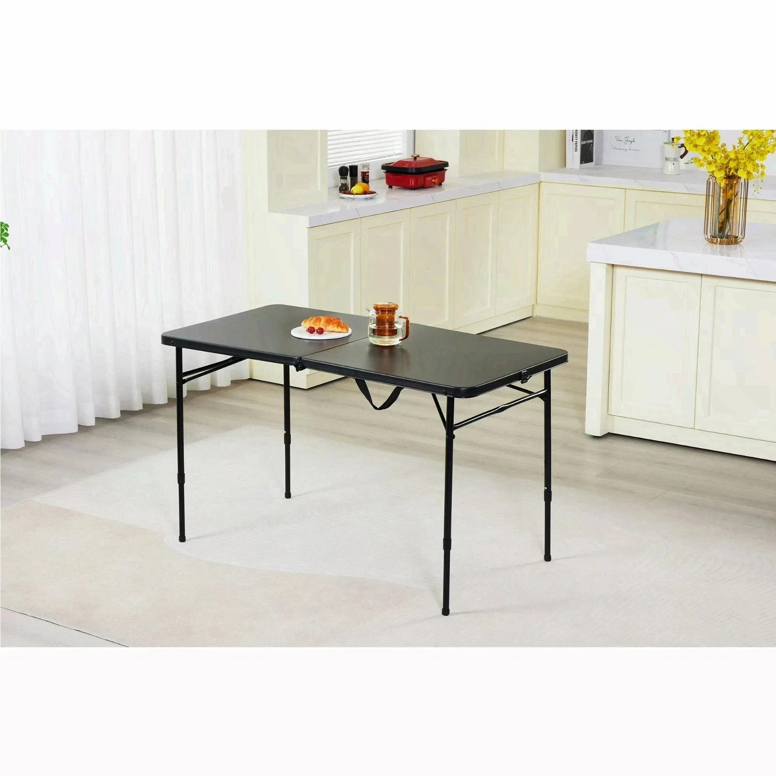 Mainstays 4 Foot Fold-in-Half Adjustable Folding Table, Rich Black