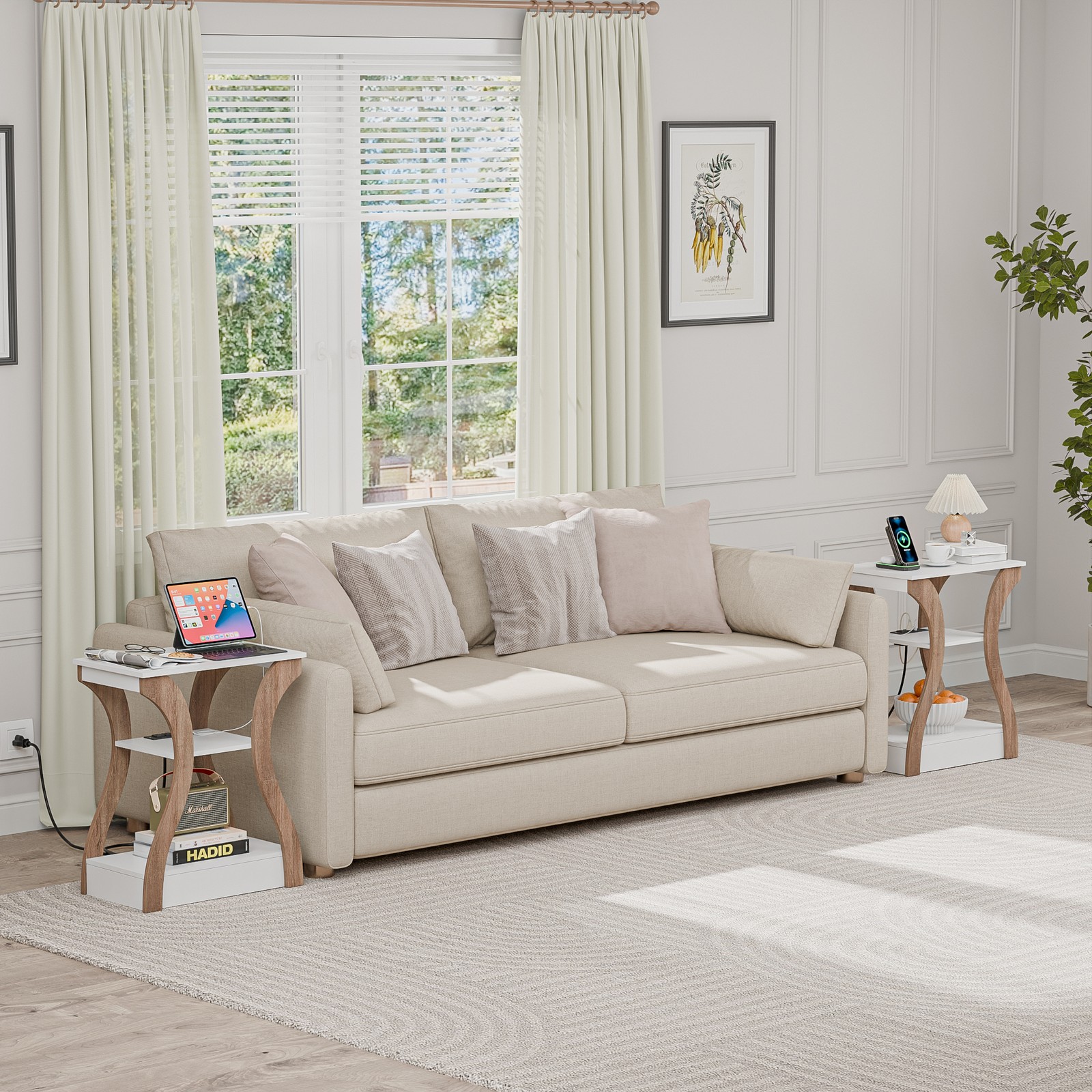 3 Tier End Table w/ USB Charging Station White Storage Shelf for Living Room 2X