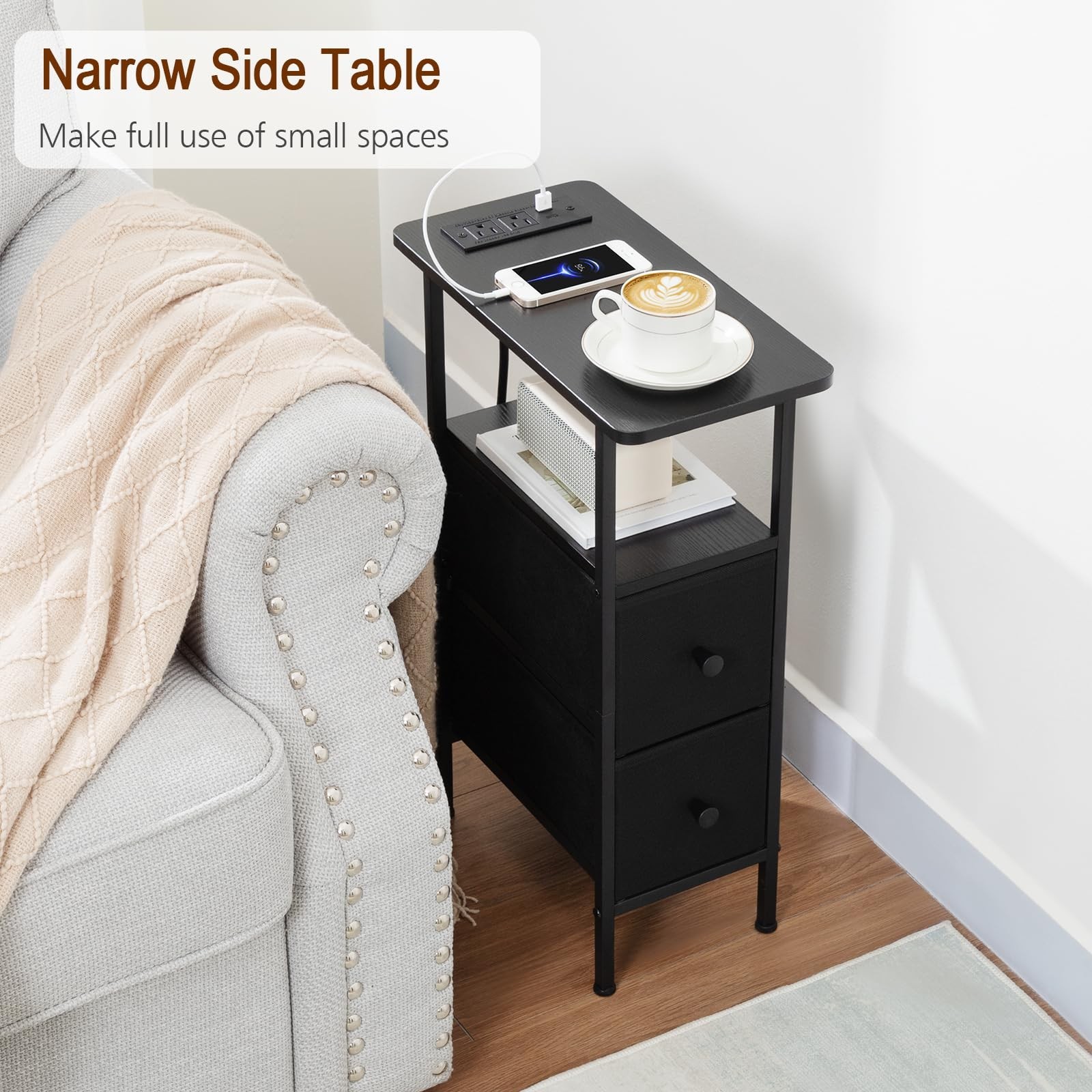 Slim Narrow End Table with Charging Station, Fabric Drawers, Small Space Nightst