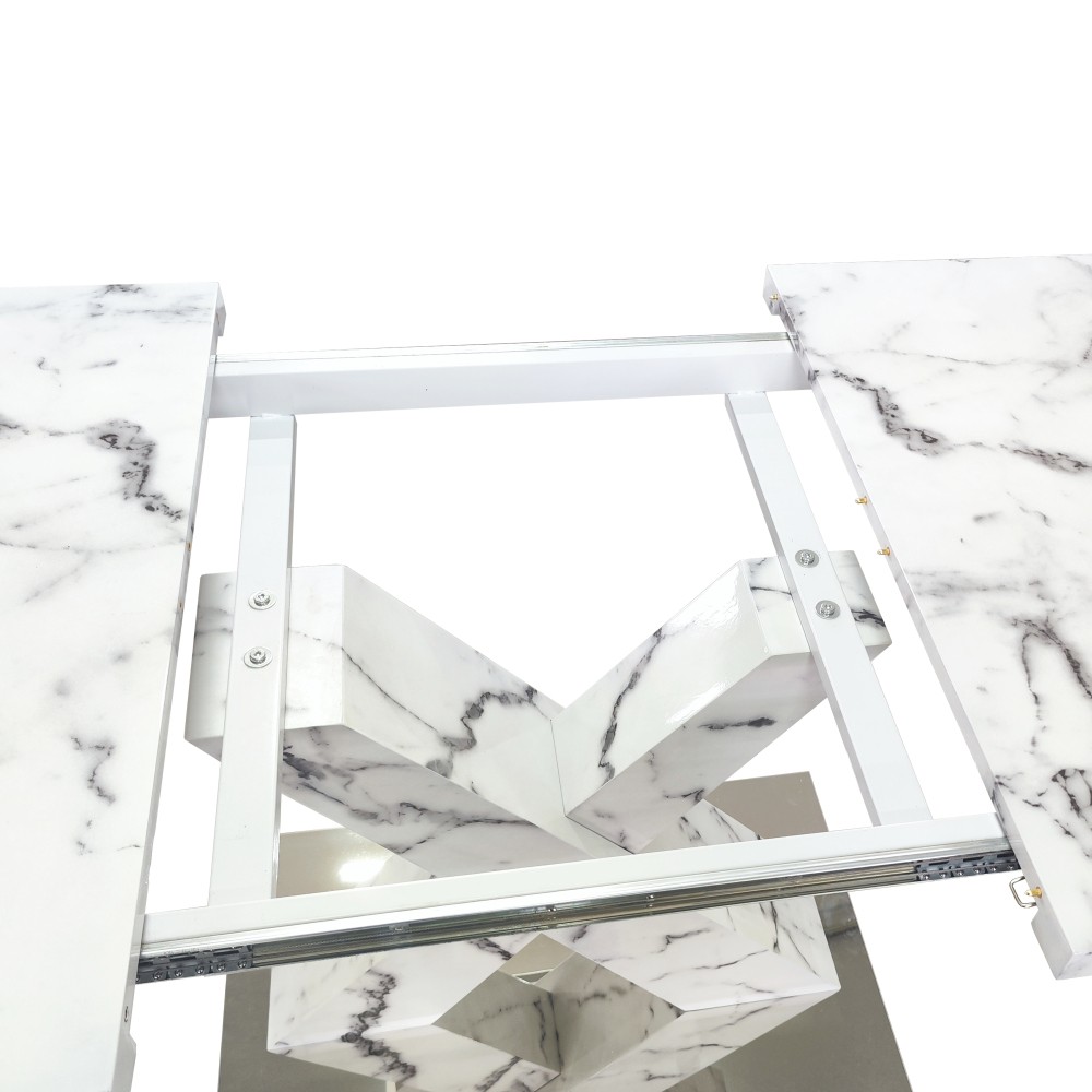 Modern Extending Rectangle Dining Table, Printed White Marble Top, MDF X-Legs