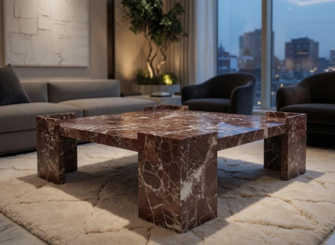 Rosso Levanto Marble Coffee Table – Square Burgundy Natural Stone Center Table,
