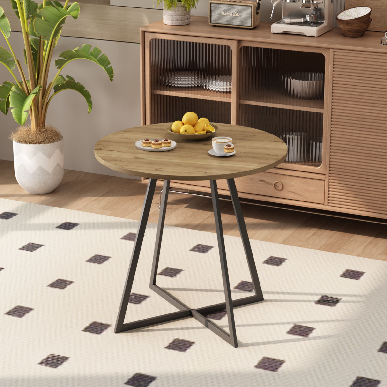 31.5 Inch Round Dining Table Brown MDF Top Black Metal Legs