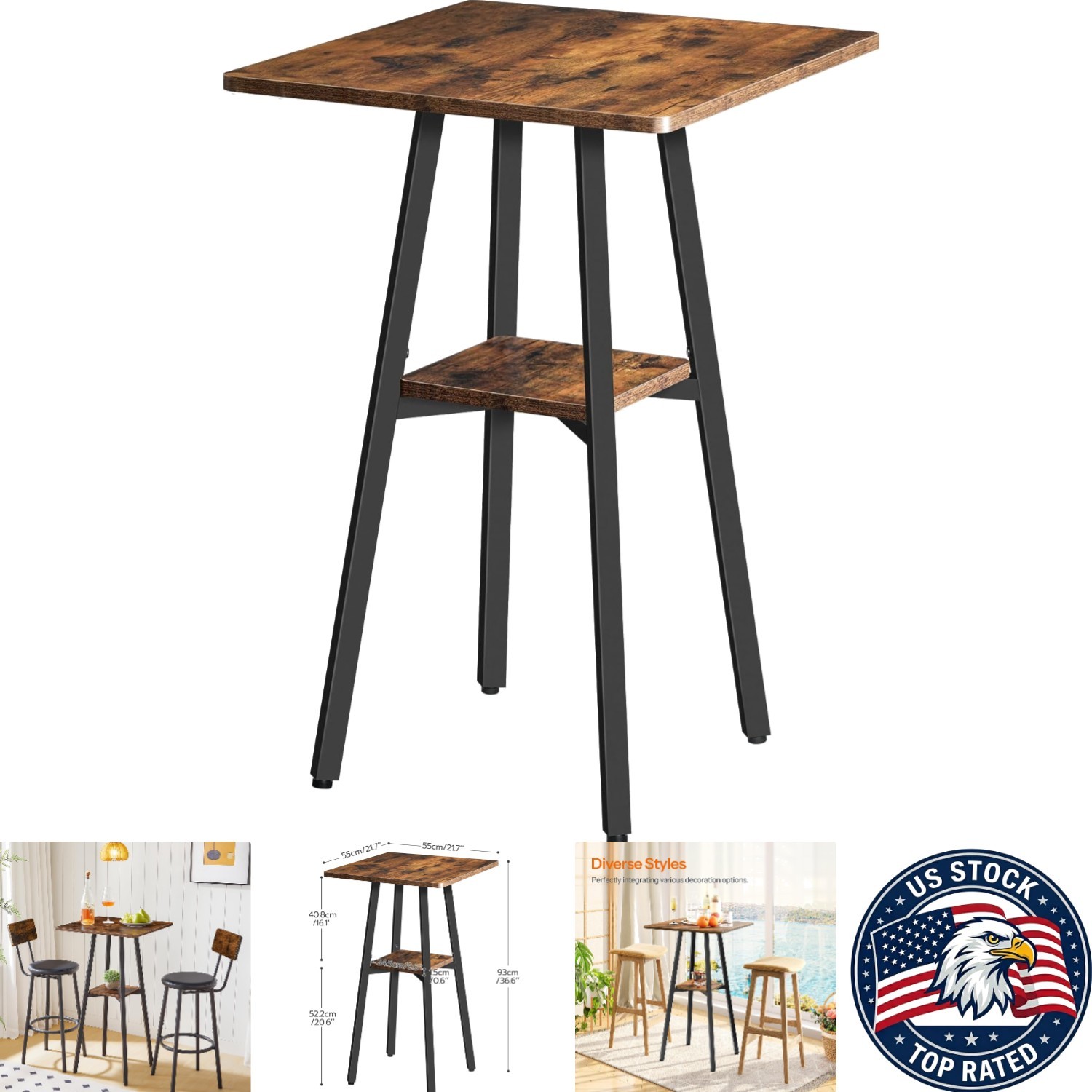 Rustic High Top Bar Table – 36.6” Counter Height with 2-Tier Storage Design