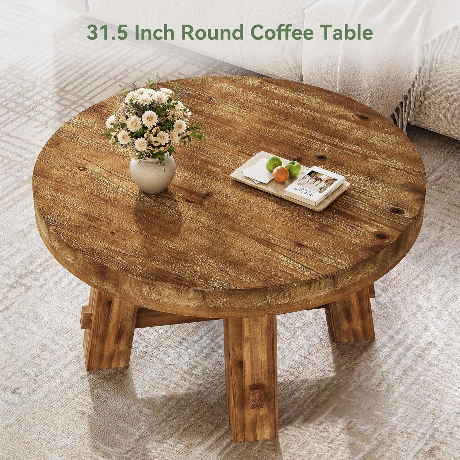 31.5-Inch Round Coffee Table, Rustic Solid Wood Center Table for Living Room