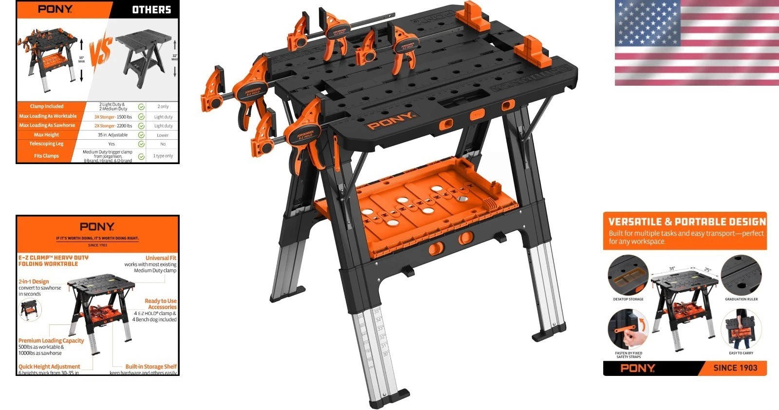 31” Folding Workbench with Clamps – 2-in-1 Adjustable Sawhorse for All Projects