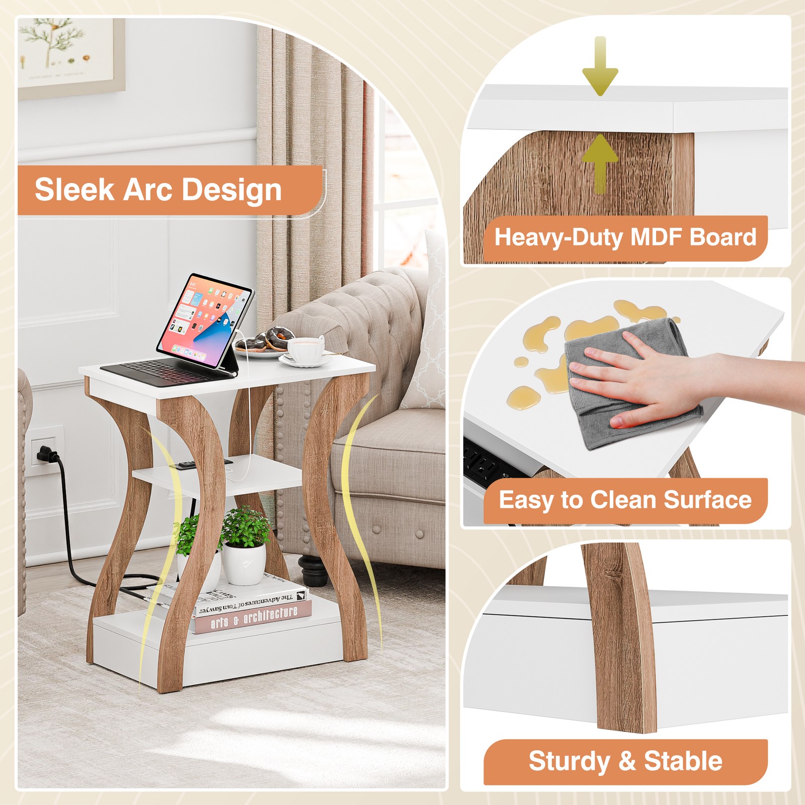 3 Tier End Table w/ USB Charging Station White Storage Shelf for Living Room 2X