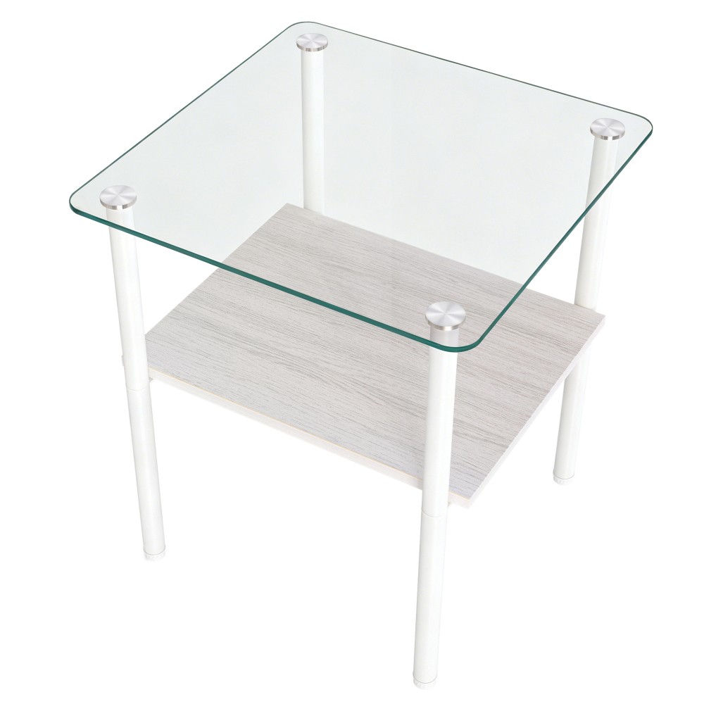 Modern 2-Piece Glass Side Table, Tempered Top with Storage Shelf, Metal Legs