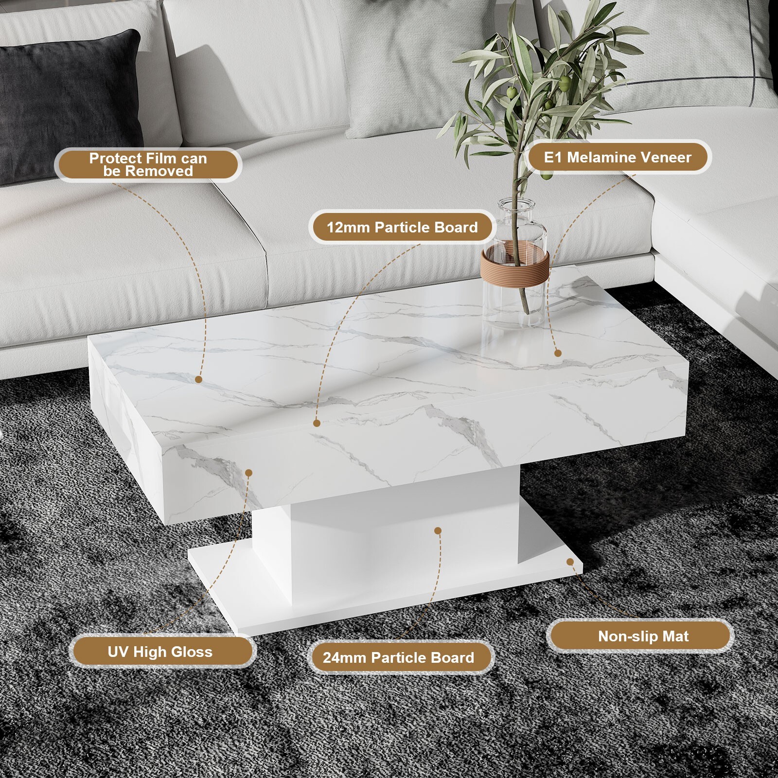 Marble White Modern High Glossy LED Coffee Table 16Color LED Light Living Room