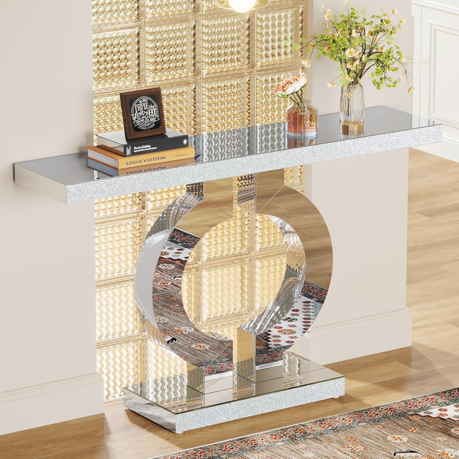 Modern Mirrored Console Table with O-Shaped Base for Living Room Entryway