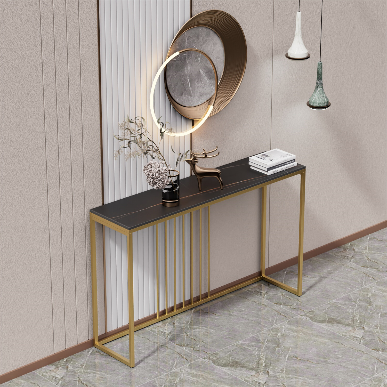 Natural Marble Long Console Table Behind Couch Full Frame Entryway Table 2-color