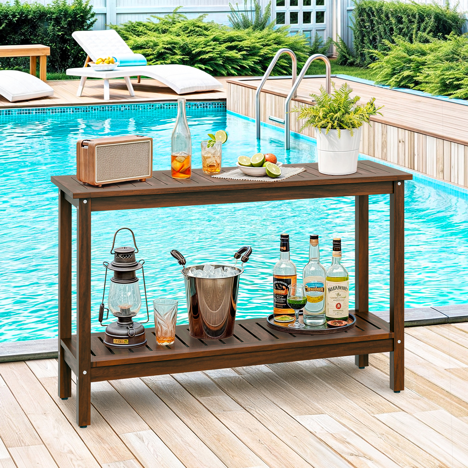 Outdoor Wooden Console Table with 2 Tier Shelf Patio Side Accent Table Coffee