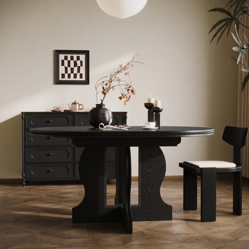 Farmhouse Expandable Round Oval Dining Table Glossy MDF Top Heavy Duty Wood Base
