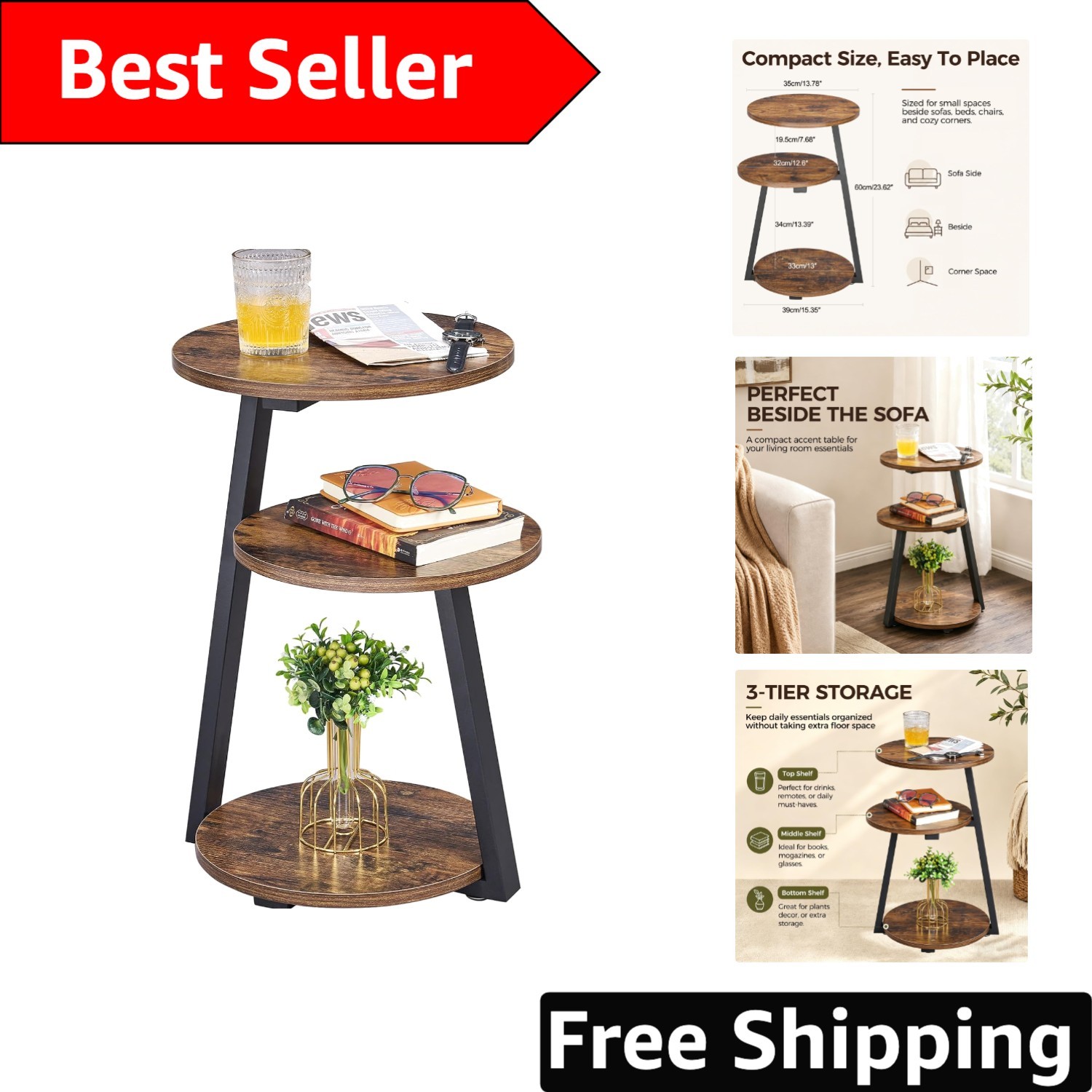 Multi-Functional Rustic Accent Table with 3-Tier Shelves – Perfect for Any Room