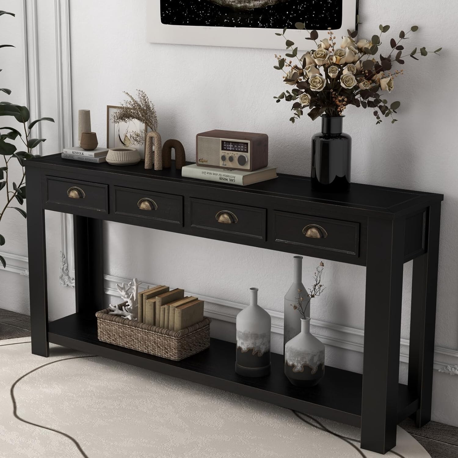 Rustic Entryway Console Table 60 ” Long Sofa Table with 4 Drawers Shelf Wooden