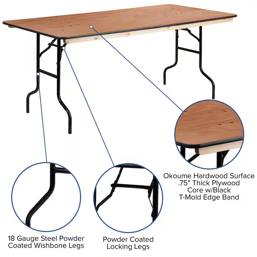 Natural Fielder 6 Ft. Rectangular All-Occasion Wood Folding Event Table, Foldabl