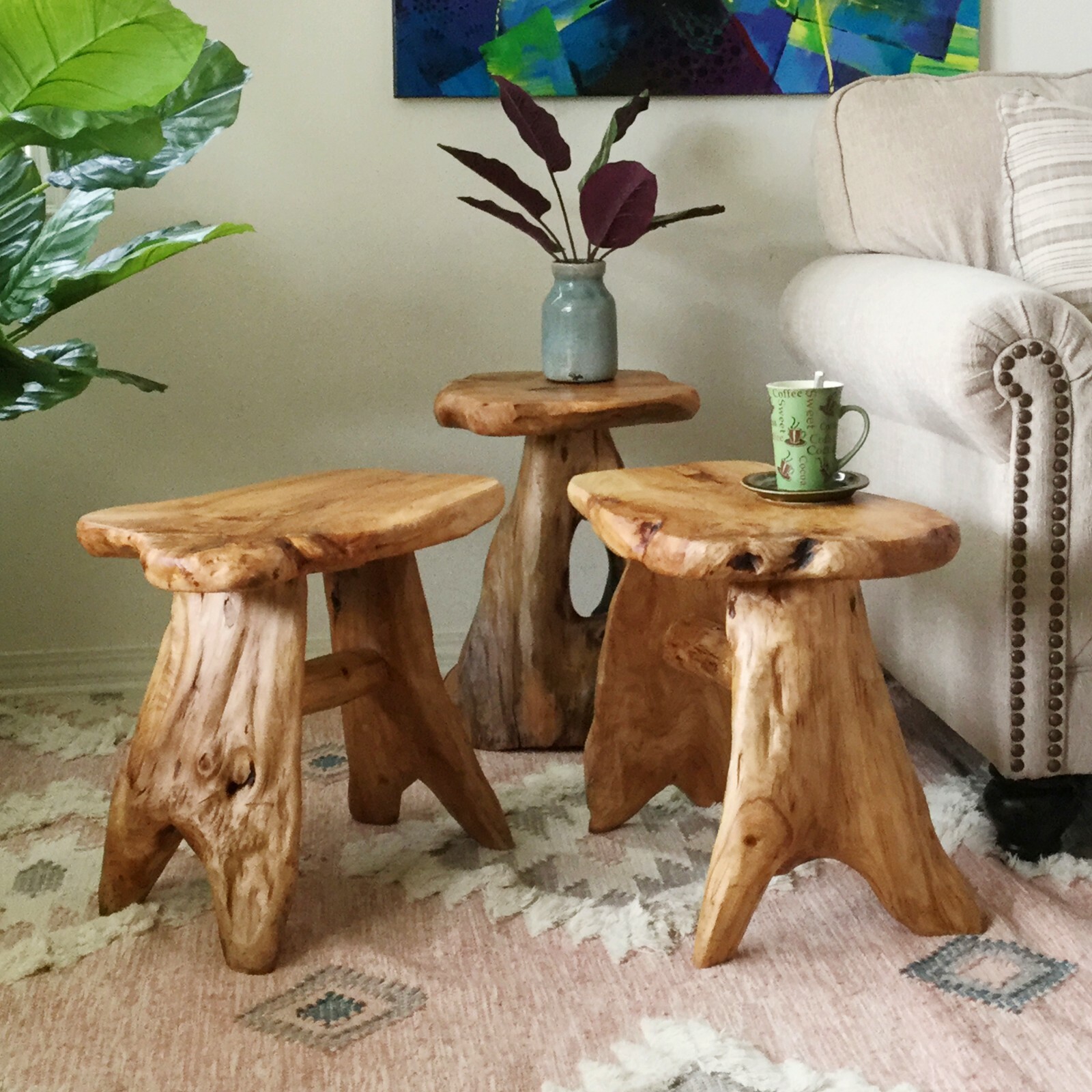 Rustic Cedar Roots Flower Stand Stool, Tree Stump Stool Side Table 19.5″ H
